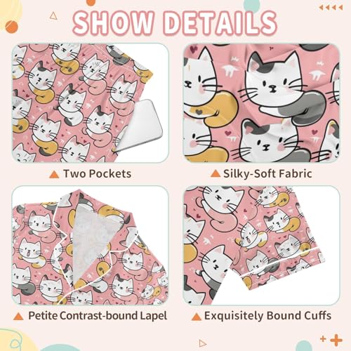 senya Cartoon Cat Pink Satin Summer Pajama Sets Silk Short Sleeve Button Down Sleepwear3