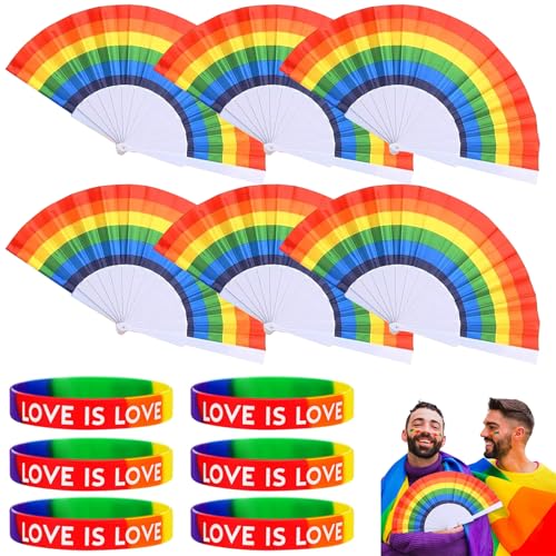 Abanico Orgullo Gay + Set de 6 Abanicos y 6 Pulseras Arcoíris + Ideal para Fiestas y Celebraciones + Tamaño 23 cm (Abierto 42 cm) + Colores Vibrantes