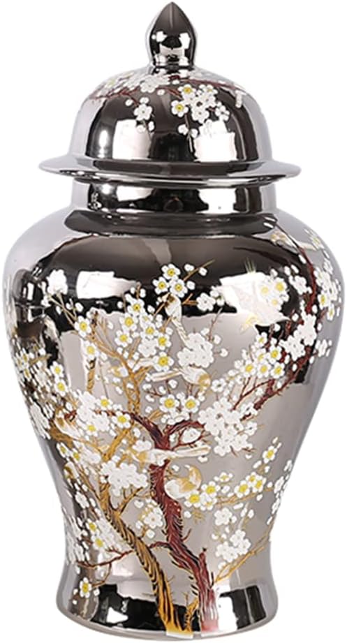 Light Luxury Silvery Ceramic Ginger Jar Vase with Lid,Flowers and Trees Porcelain Temple Jar with Lid, Large Flower Vase Collectable Decorative for ament Home CAF M,Medium