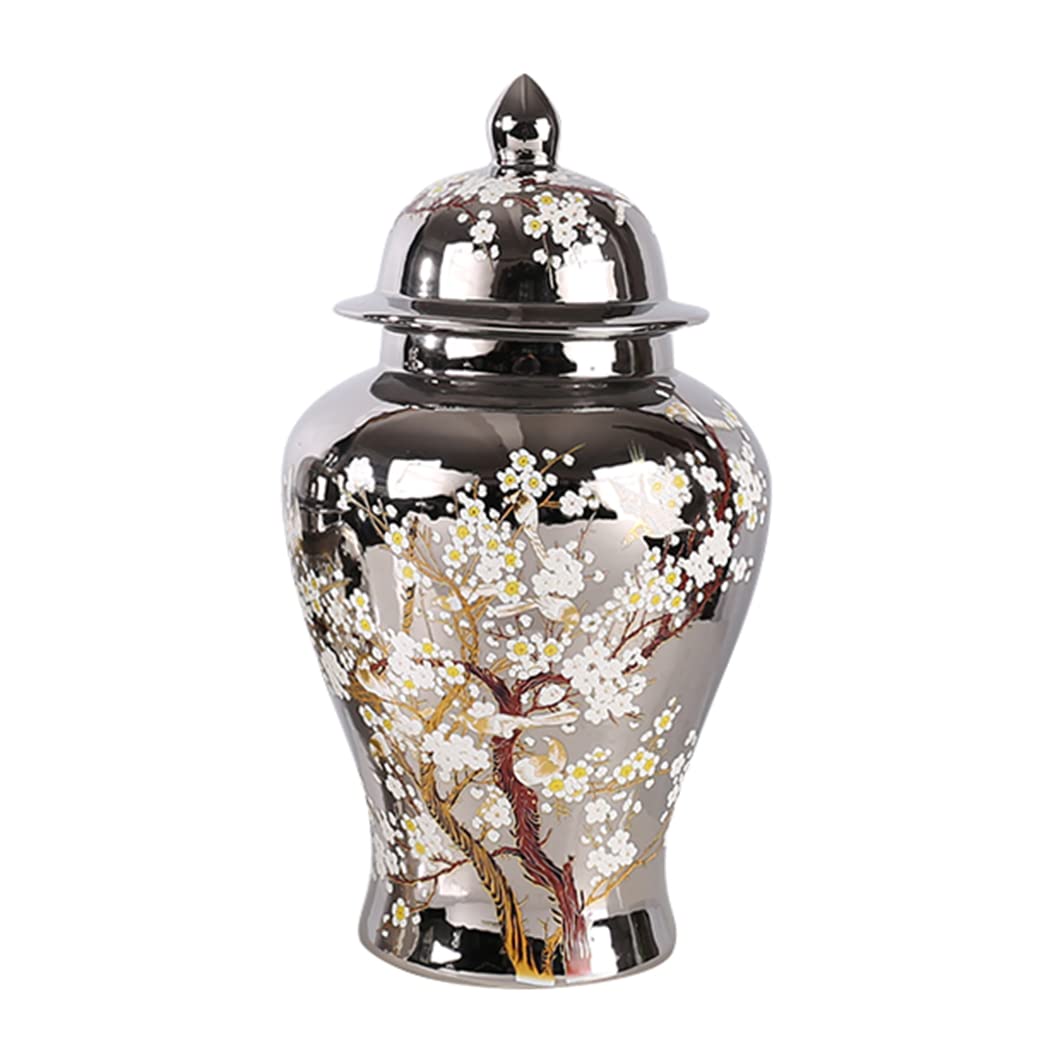 Light Luxury Silvery Ceramic Ginger Jar Vase with Lid,Flowers and Trees Porcelain Temple Jar with Lid, Large Flower Vase Collectable Decorative for ament Home CAF M,Medium