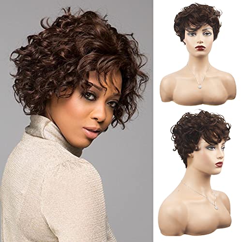 Afro Kinky Curly Wigs Brazilian Hair Wigs Short Pixie Hairstyles 100% Human Hair Wigs Full Machine Made Pixie Cut Wigs For Black Women (Brown)