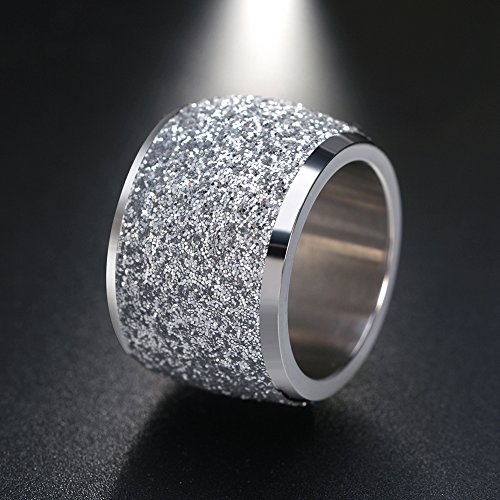 Women's Stainless Steel Ring Shiny Sequins Pave Sandblast Wide Wedding Band Silver, Rose, Gold, Black2