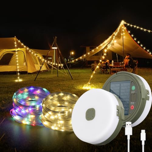 UOUNE Camping String Lights, 32.8Ft Solar Camping Lights, Portable Waterproof Camp Lamp with 13 Lighting Modes, Hanging Rechargeable Tent Lantern for Outdoor, Indoor, Hiking, Yard, Party Decor