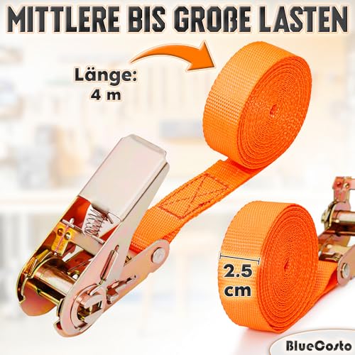 Premium-Ratschengurte – 4er-Pack, orange – 4 Meter Lange Zurrgurte mit Ratsche – Hochleistungs-Tragfähigkeit von 180 kg, Bruchfestigkeit von 540 kg