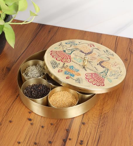 Image of Two Moustaches 8 Inches Twin Peacock Carved Brass Spices Box Set, Brass Masala Box for Kitchen, Housewarming Gifts, 7 Containers & 1 Spoon, Multicolored, Pack of 1