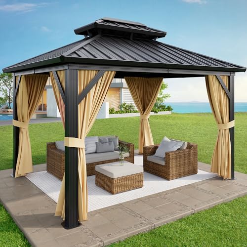 Outdoor Hardtop Gazebo 10x12 FT Heavy Duty Aluminum Gazebo with Double Roof, Metal Frame Patio Canopy with Netting, All-Weather Protection Metal Canopy for Patio, Garden, Poolside (Khaki)