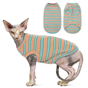 OUOBOB Sphynx Cat Clothes, Breathable Hairless Cat Shirts, Stripe Kitten T-Shirts Sleeveless, Pullover Cat Sweaters, Pet Summer Apparel for Sphynx, Cornish Rex, Devon Rex, Peterbald, Small Dogs