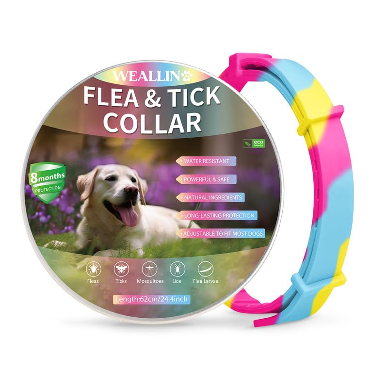 WEALLIN Collares Antiparasitario para Perros, Collar Antipulgas Perros Impermeable Regulable con 8 Meses de Protección, Collar de Pulgas y Garrapatas para Perro Cachorros Grandes, Arcoiris (1 Pack)