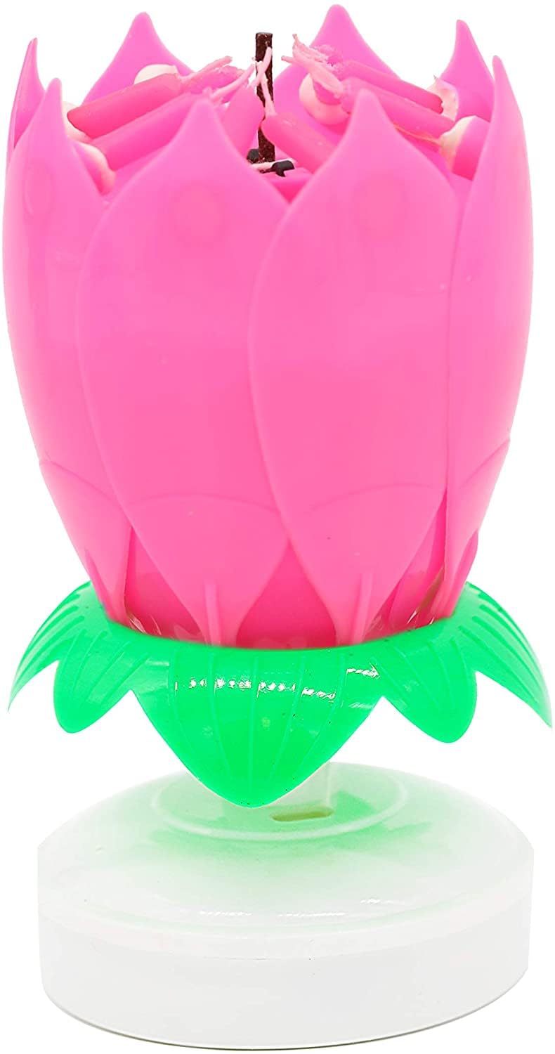 Blue or Pink Musical Birthday Candle Lotus Flower Shape Plays Birthday Music with Lotus Opening Perfect for Christmas, Easter, Birthdays, Weddings (Pink)
