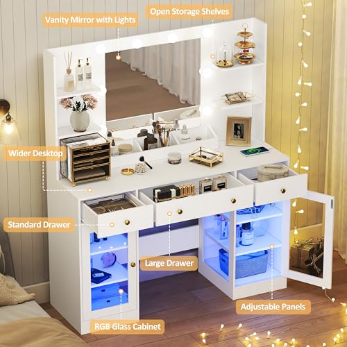 Image of HUANLEGO Vanity Desk with Mirror and Lights, Large Makeup Vanity Set with Power Outlet & RGB Glass Cabinet, 3 Drawers, White Vanity Mirror with Lights Dressing Table for Girls Women, 3 Color Modes