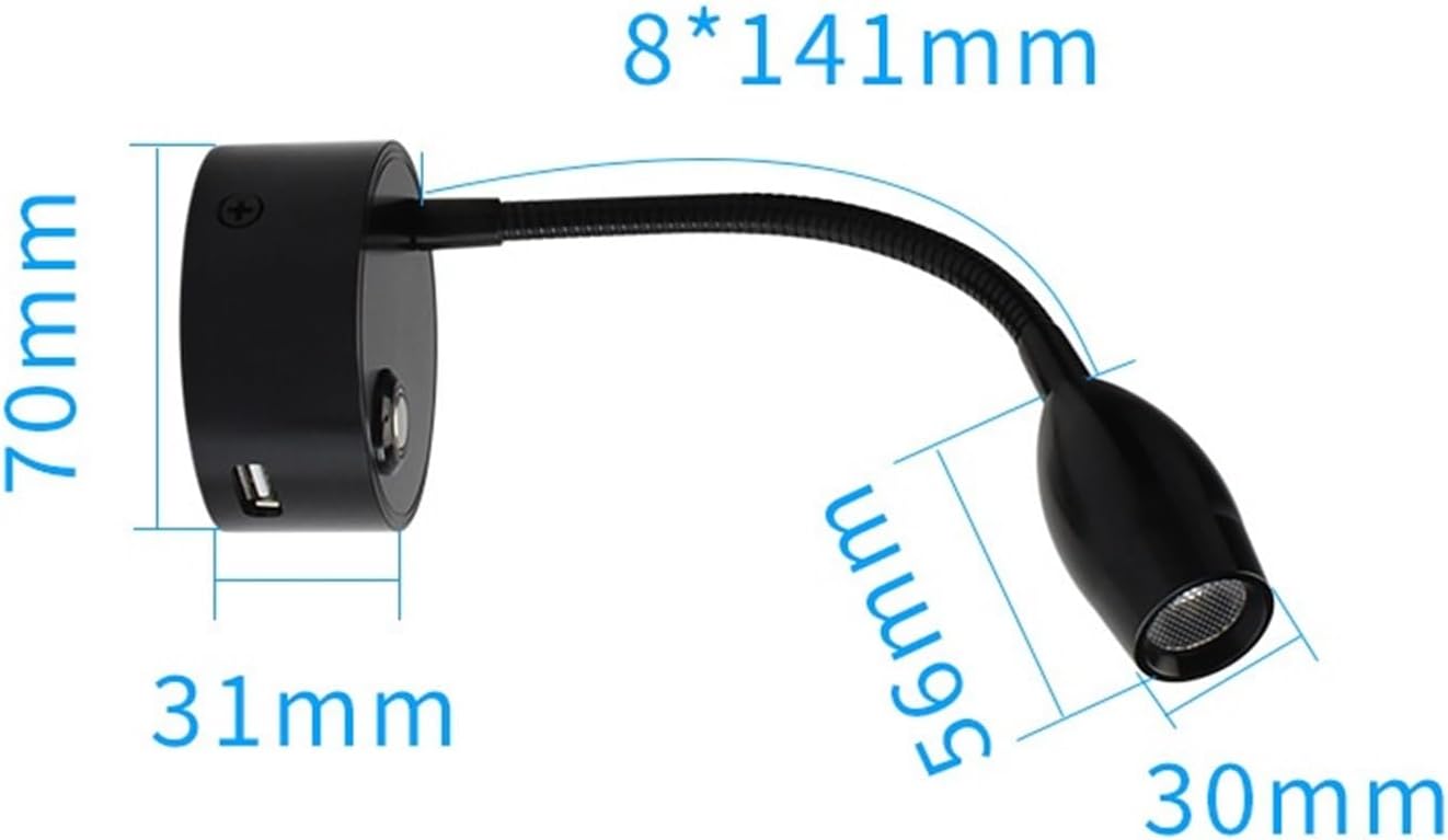 2 W LED Headboard Reading Light Touch Dimmable USB Charging Port Hose Light Reading Wall Lamp(Black,White Light)