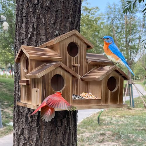 Puyikes Extra Large Birdhouse for Outside,2in1 Bird House&Bird Feeder,Outdoor 5 Hole Large Bird Houses for Outside,Hummingbird House for Bluebird Finch Cardinals Hanging Birdhouse for Garden Decor