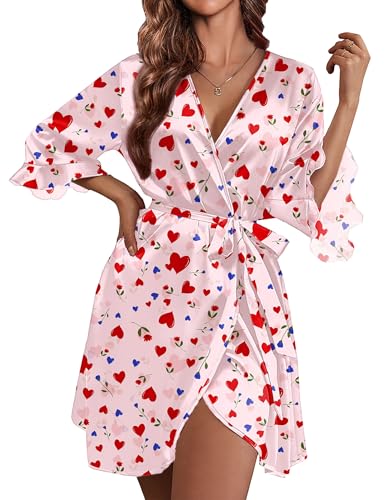Image of Ekouaer Women's Satin Robe Valentines Lingerie for Women Kimono Bathrobe Short Ruffle Belted Robes Bridesmaids Sleepwear