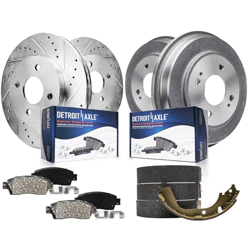 Image of Detroit Axle - 1.7L Brake Kit for 01-05 Honda Civic, Front Drilled and Slotted Disc Rotors Ceramic Brake Pads Rear Brake Drums Semi-metallic Brake Shoes 2001 2002 2003 2004 2005 Replacement