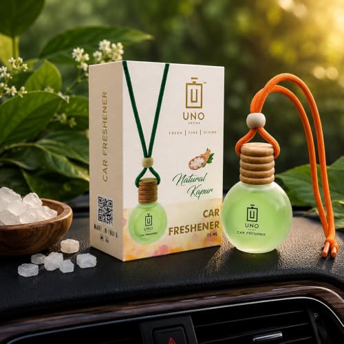 Image of UNO AROMA Natural Kapoor Car Air Freshener, 15ml, Long Lasting Hanging car perfume, Toxin-Free Oil in Glass Bottle with Wooden Diffuser, Car Accessories for fresh aroma, Last Upto-60 Days