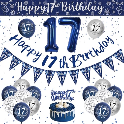 Décoration Anniversaire 17 Ans Garçon, Ballon Anniversaire 17 Ans, Décoration de Fête Anniversaire Ballon Bleu Argenté, Bannière Joyeux Anniversaire, Ballon Confettis pour 17 Ans Garçon Décoration