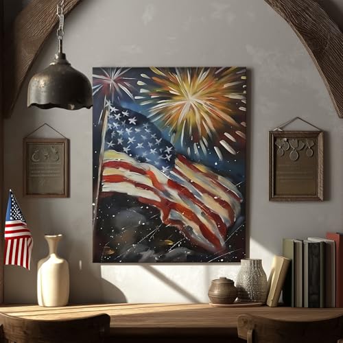 Image of 4 of July Canvas Wall Art, Fireworks and American Flag Painting, Patriotic Night Scene Poster Print, Memorial Day Independence Celebration Framed Artwork for Living Room and Office Decor 24x30inch