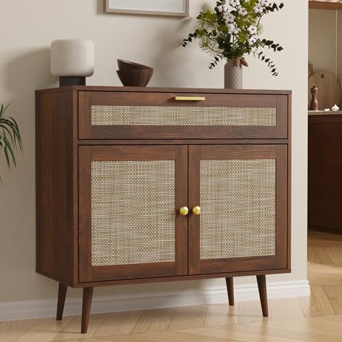 Image of Furnify Rattan Sideboard Buffet, Boho Kitchen Cabinet with Drawer & 2 Doors, Modern Mid Century Accent Cabinet with Adjustable Shelf, Coffee Bar for Living Room, Entryway, Kitchen, Walnut