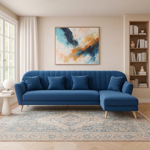 Image of Atticus RHS 6 Seater L Shape Sofa Set for Living Room (Blue Fabric) Premium Fabric Sofa Set