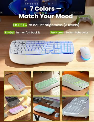 Image of SABLUTE White Wireless Keyboard and Mouse Combo, Light up Ergonomic Keyboard Set, 2.4G Full Size Ergo Wave Key Board with Cushioned Plam Rest, Silent Mouse, for Computer /Laptop /Windows /Mac