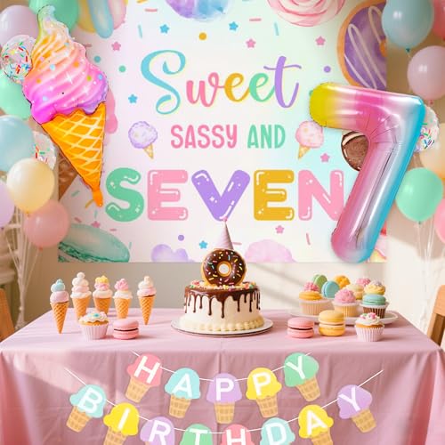 Image of Sweet Sassy and Seven Birthday Backdrop 7th Birthday Decorations for Girls | Sweet Sassy and 7 Birthday Decorations 7 Year Old Girl Birthday Decorations Ice Cream Banner 7 Balloons Party Supplies