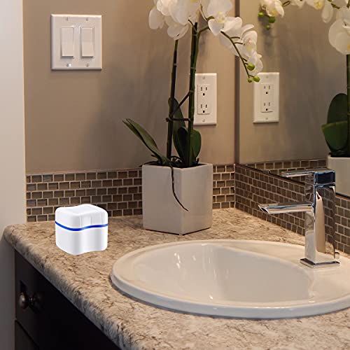 Denture Cleaner Box And Brush Set - 2 Pack Denture Bath Case With Basket + 2 Pack Denture Brush, Portable Denture Retainer Storage Box, False Teeth Brushes For Oral Care (Blue And Red) #TOP4