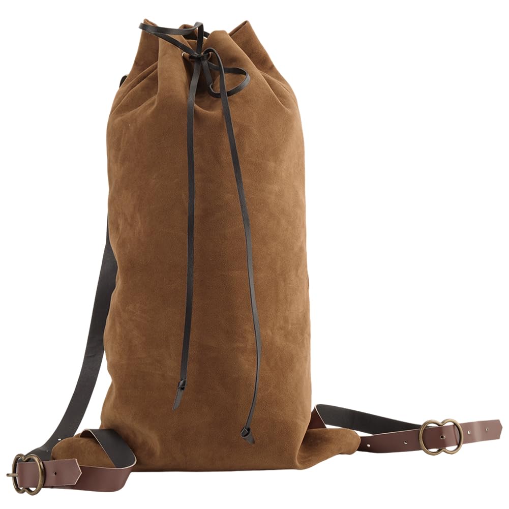 GORGECRAFT Medieval Drawstring Backpack Vintage Fibre Viking LARP Renaissance Bag with PU Leather Straps and Alloy Clasps Portable Pouch for Outdoor Activities Cosplay Gym Workout Swim Beach 18x10.8in