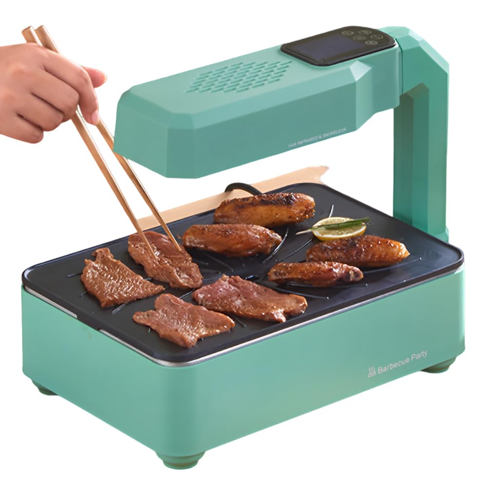 Grill elektryczny bezdymny, wewnętrzna płyta grillowa 1100 W do grillowania, regulacja temperatury 80-280 ° C, wyjmowana nieprzywierająca płyta grillowa i miska olejowa, szybkie nagrzewanie 2 s green