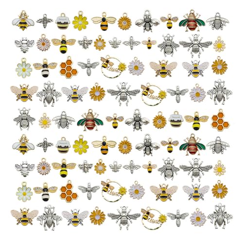 WOCRAFT 120pc Assorted Enamel Bracelet Honeycomb Bee Charms for Jewelry Making Crafts DIY Necklace Bracelet Keychain Crafting Charms Kit (SN814)