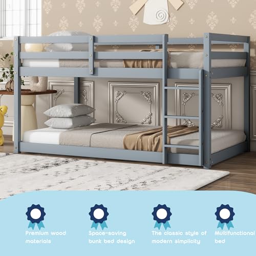 Bellemave Low Bunk Beds Twin Over Twin Floor Bunk Bed Frame Junior Loft Bed for Kids Boys Girls Teen (Grey)