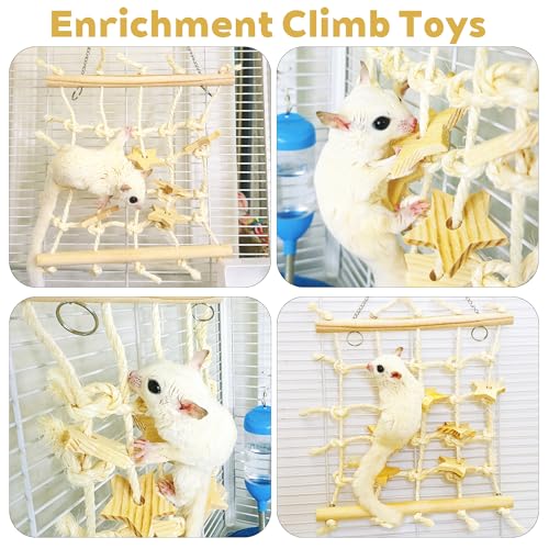 Jevnd Sugar Glider Toys, Natural Wooden & Sisal Sugar Glider Climbing Net, Hanging Toys Rat Cage Accessories, Anti-Snag Chew-Resistant Small Pets Enrichment Toy for Rats, Parrots and Budgies