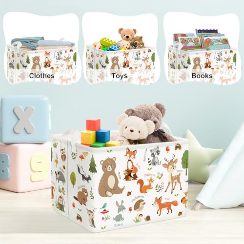 Image of Clastyle Woodland Nursery Animal Tree Baby Gift Storage Basket for Kid Room | Waterproof Large Dirty Clothes Book Gift Toy Organizer Bin, Nursery Playroom Bedroom Bathroom Shelf, Bear Raccoon Rabbit
