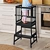 Cosyland kids kitchen step stool helper baby and toddler multi function step up nursery helper stand with safety rail in natural bamboo strong and lightweight black  urban country home decor