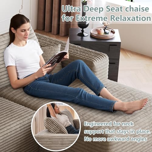 Image of 95 inch Modular Sectional Sofa with Ottoman, Modern Corduroy Cloud Couch with Deep Seat, Boneless Couch Upholstered 4-Seater U-Shaped Sofa for Living Room, No Assembly (Camel,Left-Facing Chaise)