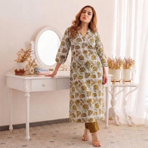 Image of ANNI Designer Kurta Set for Women Erode Rayon Printed | Kurti Set for Woman | Kurta Pant 2 Piece Outfit | V Neck 3 /4 Sleeve Regular Fit Ethnic Dress Stylish Kurta Sets for Women Clothing