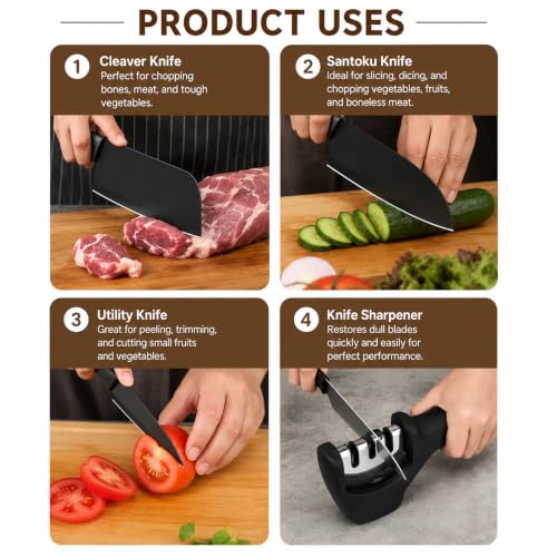 Image of SNMMIFER Kitchen Knife Set with Knife Sharpener, 4 Pcs Black Kitchen Knives Set for Cutting, Chopping, Slicing & Dicing,Knife with 3 Stage Sharpener (Knife + Sharpner)