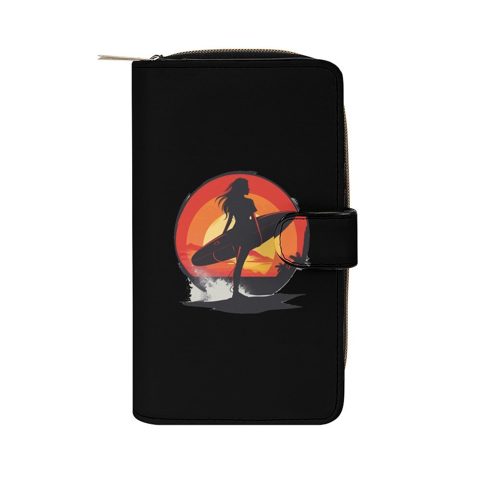 Vintage Sunset Surfing Women with Surfboard Leather Long Pouch Wallet for Men And Women Large Capacity Clutch Cash Wallet with Zippered