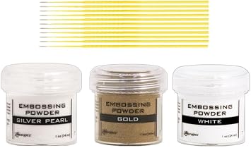 Ranger Embossing Powder Bundle - Gold, White, and Silver Pearl, 1 oz Jars - Use with Ranger Embossing Inks and Accessories - with Trebbies Detail Sticks