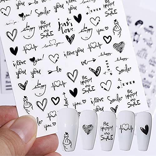 Yoksas Black White Geometric Heart Flower Nail Art Stickers, 6 Sheets Self Adhesive Nail Decals For Acrylic Nail Manicure Pedicure #TOP2