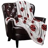 Ladybug Sherpa Fleece Luxury Blanket - Warm & Cozy Super Soft Reversible Throw, 40'x50', Red Ladybug on White Background