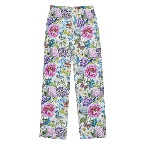 Butterfly Bird Spring Flowers Boys Long Pants Soft Trousers Elastic Waist Kids Lounge Bottoms with Pockets S-XL
