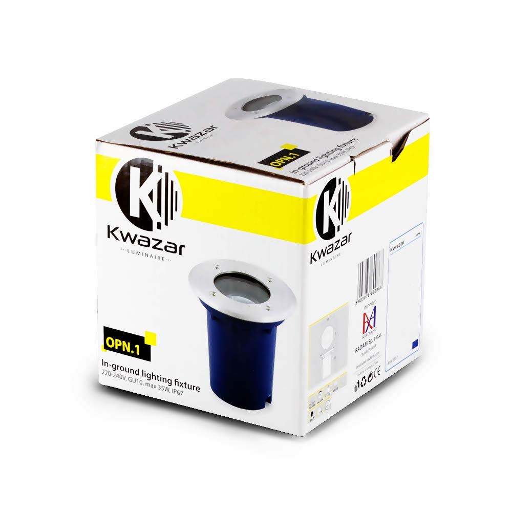 Kwazar Luminaire - Oprawa Najazdowa - Lampa Zewnętrzna Wpuszczana Okrągła GU10 max. 35W, IP67, Odporna na Obciążenie do 3,5 t - z Puszką Montażową - do Oświetlenia Tarasu, Ogrodu i Ścieżek - FOLIO