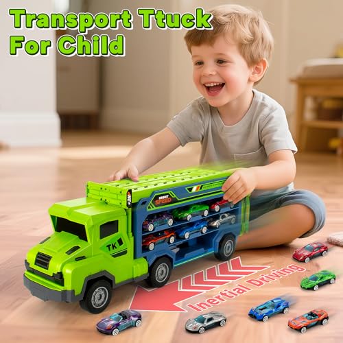 Image of Carrier Truck Toy for 3-5 Year Old Boy, 27 In Race Track, 6 Metal Cars