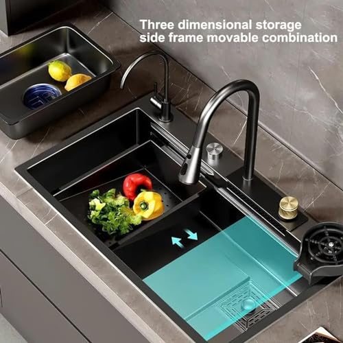 Image of COOTER 30'' x 18'' x 9 inch 304 Grade Kitchen Sink with ANTI SCRATCH HONEYCOMB DESIGN Integrated Waterfall and Pull-down Faucet Set Stainless Steel Sink with Cup washer and Drain Baskets