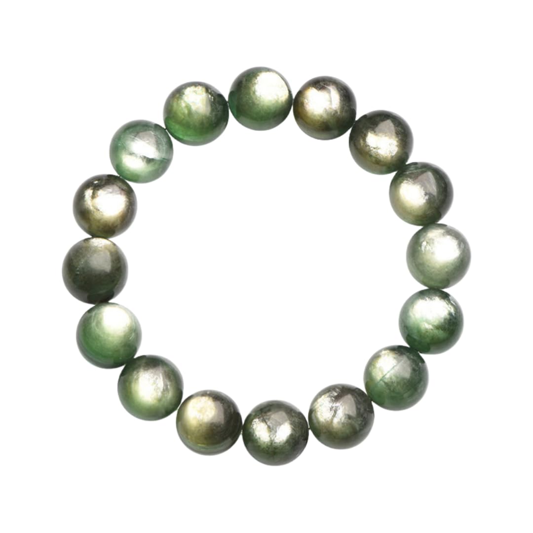 Bracciali Bracciale Da Uomo Con Perline Rotonde In Mica Di Litio Verde Naturale E Occhio Di Gatto Verde Scuro