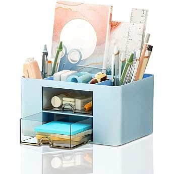 Desk Organiser with Drawer Multifunctional Pen Holder Desk Organiser with 7 Compartments Plastic Table Organiser for Office Supplies Pen Holder for Office Home School Blue