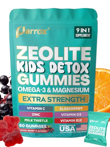 Image of Parrox Zeolite Kids Gummies, 9-in-1 with Zeolite, Omega-3, Magnesium, Elderberry, Vitamin C, Milk Thistle, Vitamin D3, Zinc, B12 – Sugar-Free (60 Gummies – Mixed Berry Flavor)