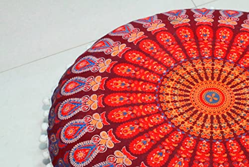 CRAFT KALA Round Mandala Floor Pillow Cover for Adults - Large Meditation Cushion Cover - Premium Outdoor Floor Pouf Cover Seat - Yoga Pillows Cover for Sitting On Floor 32\" Maroon Mirchi - Thumbnail 5
