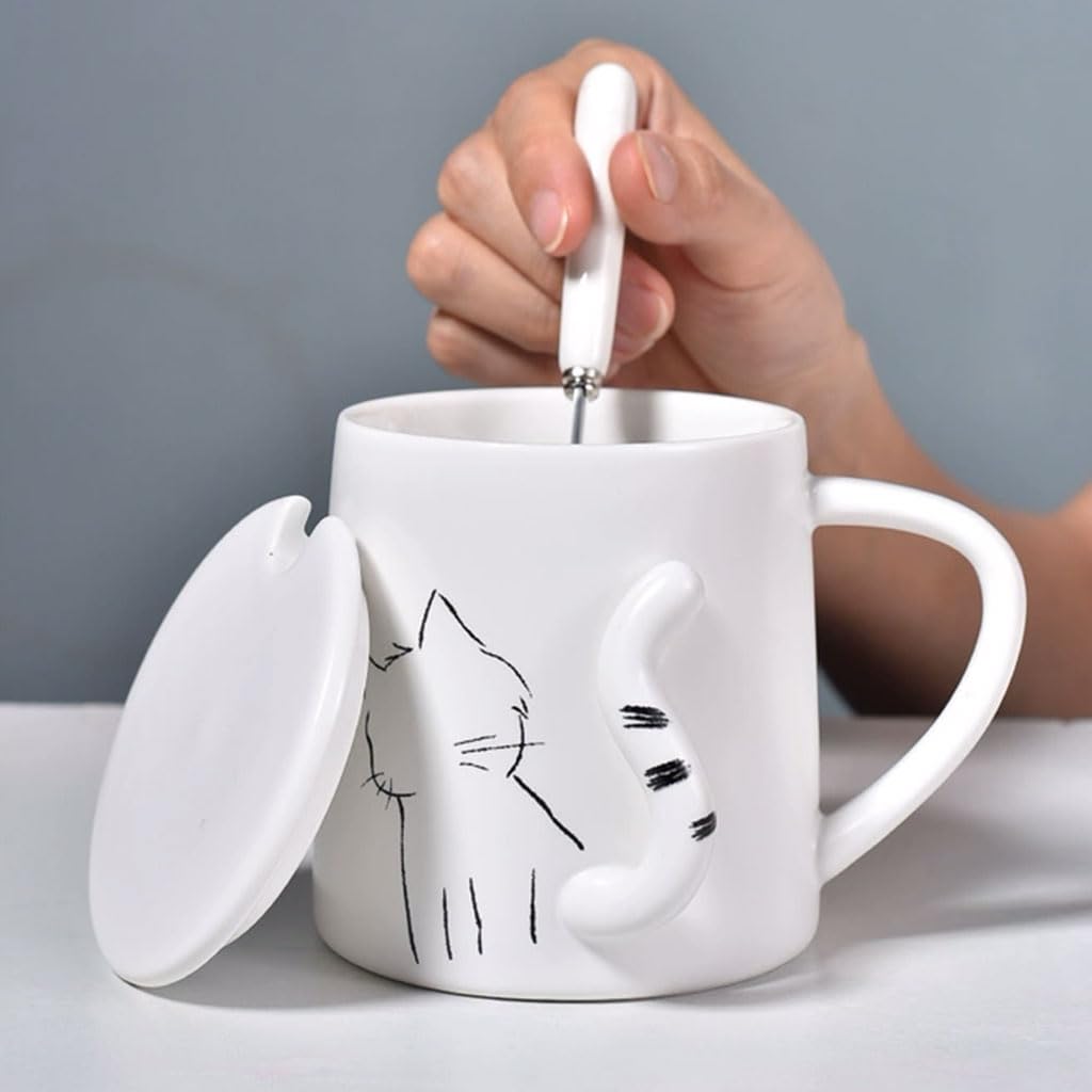 Taza de café Redonda de cerámica Blanca con Tapa y Cuchara, 350 ml/11,8 oz