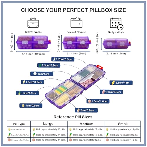 Image of Extra Large Pill Organizer with 161 Medicine Labels, Travel Pill Case | Purple Extra large case with 10 compartments for 7-day pill planning, vitamins, supplements, and travel